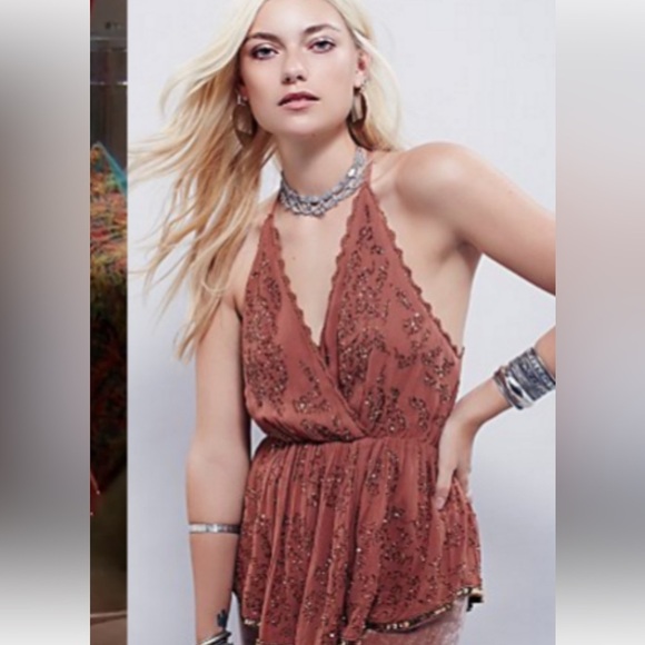 Free People Tops - Free People Rust Embellished Halter Blouse